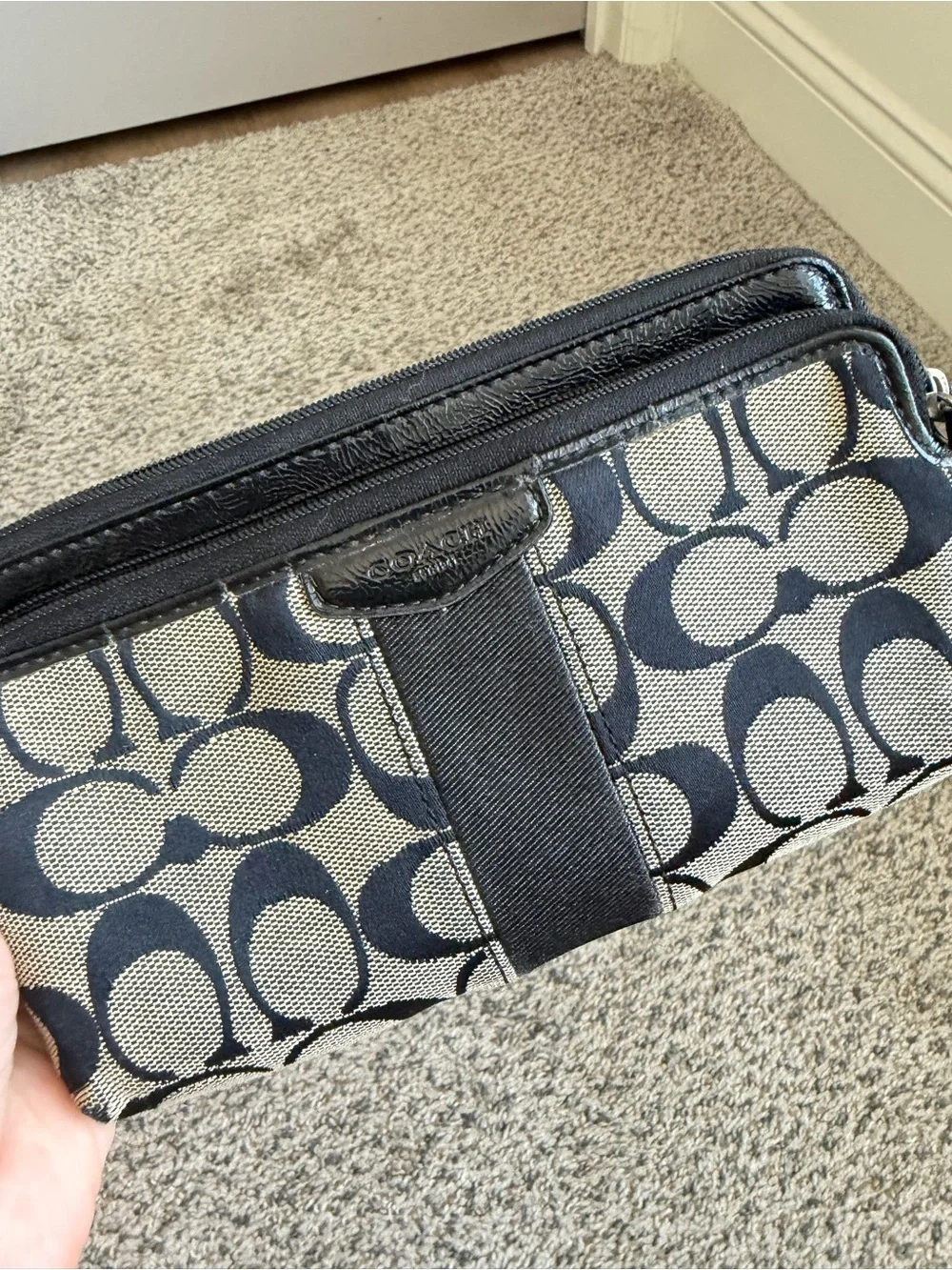 Coach Signature Double Zip Wristlet Clutch Wallet Black